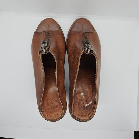 Frye cognac Izzy Zip moto sandal heeled mule peeptoe size 9B - Picture 6 of 13